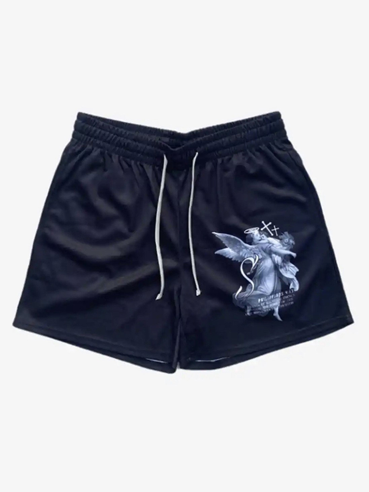 Men's Streetwear Style Angel And Cross Printed Casual Mesh Shorts | HellxCity 