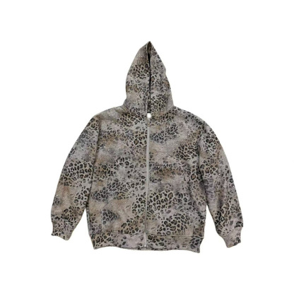 Retro Rhinestone Leopard Print Zip-up Hoodie
