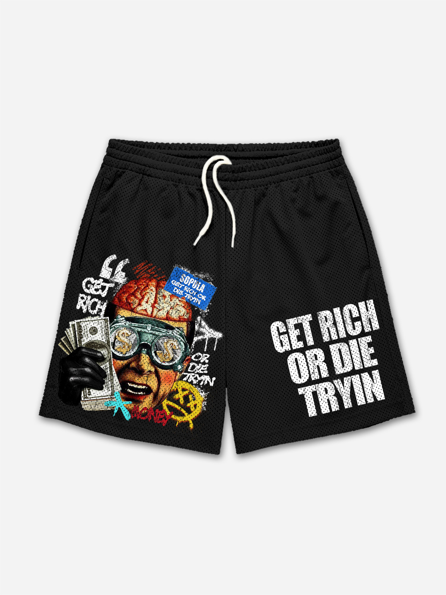 Vintage Get Rich Money Portrait Print Mesh Shorts | HellxCity 
