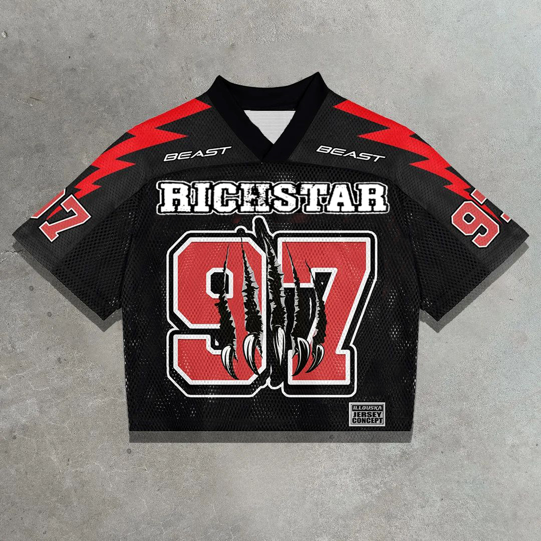 Hellxcity Vingate Richstar No 97 Devil's Claws Graphics Blokecore V-Neck Mesh Jersey | HELLXCITY 
