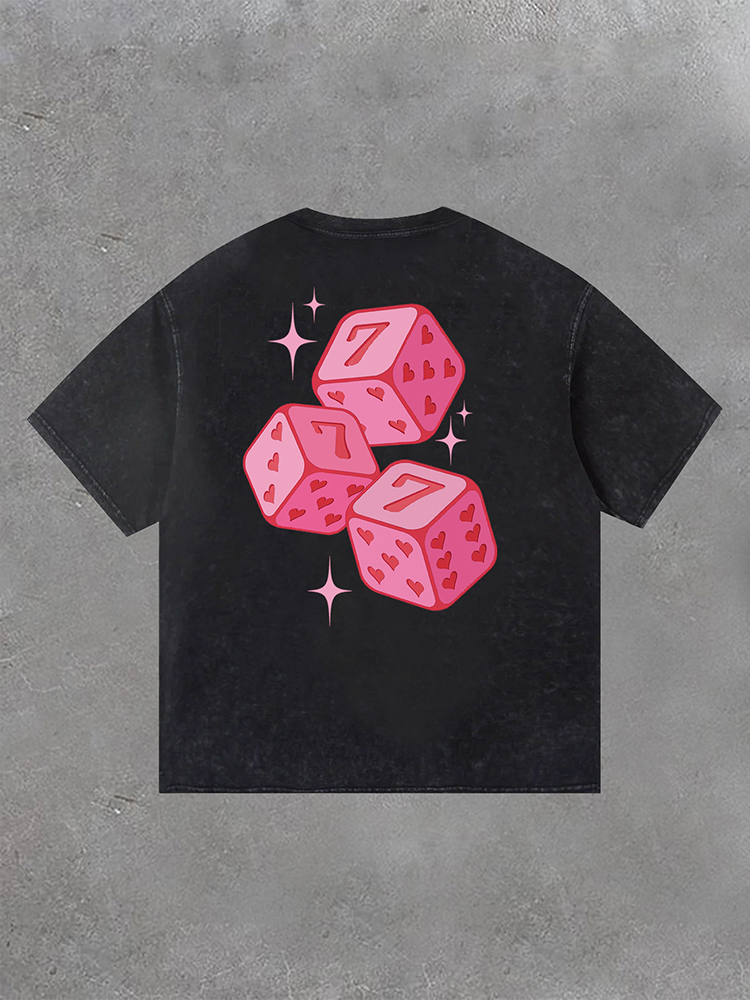 Hellxcity Street Pink 777 Fun Dice Print Washed T-Shirt | HellxCity 