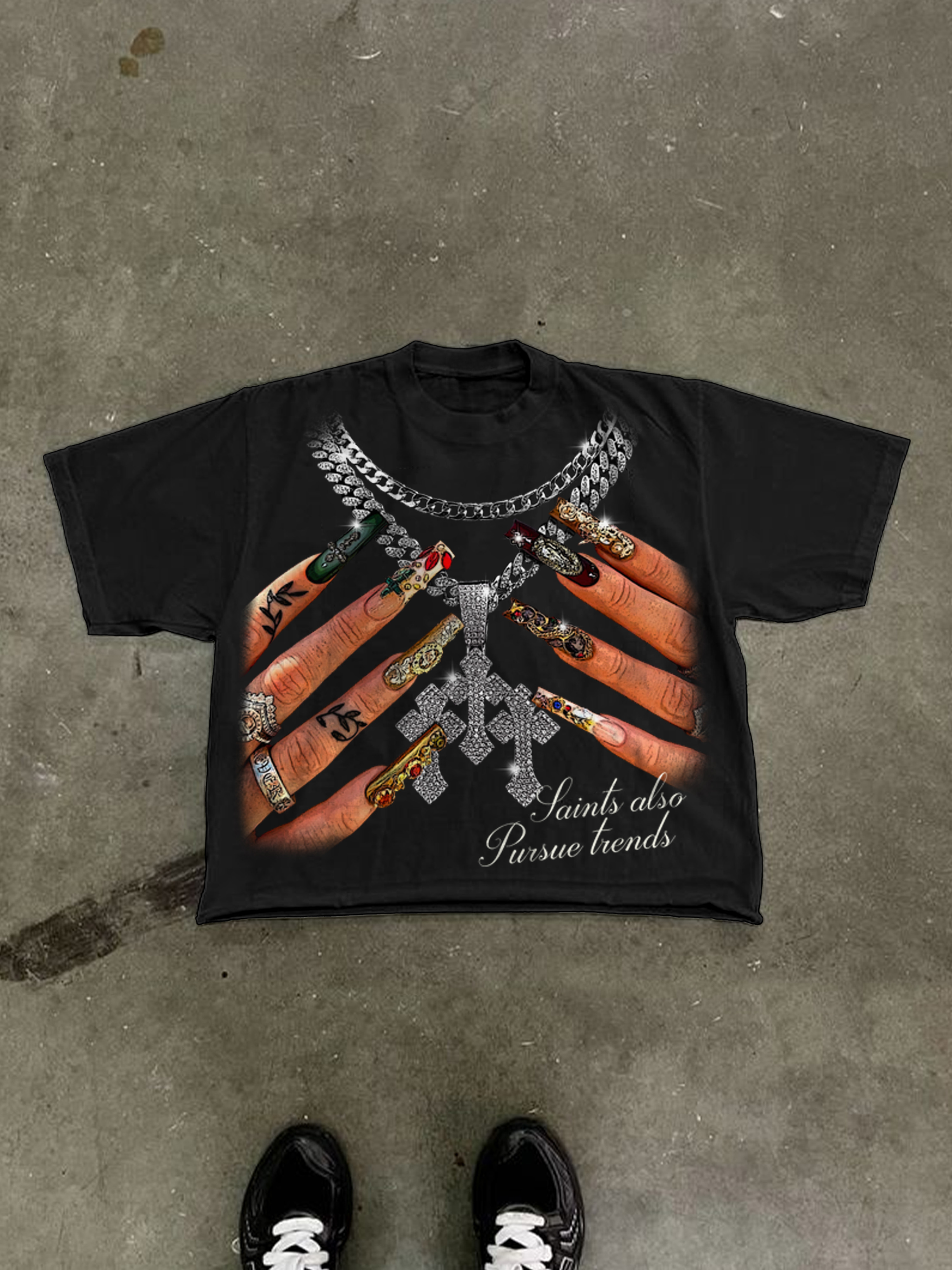 Vintage Cross Necklace, Nail Art Graphic Cropped T-shirt | HellxCity 