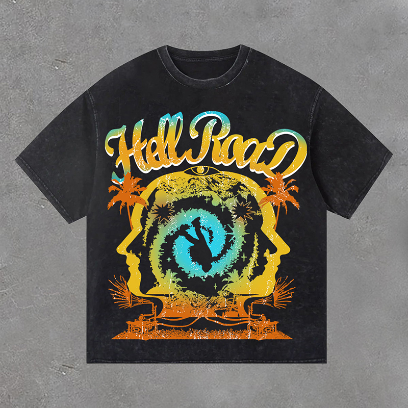Hellxcity Retro Hell Road Summer Color Portrait Graphic Print Washed T-Shirt | HellxCity 