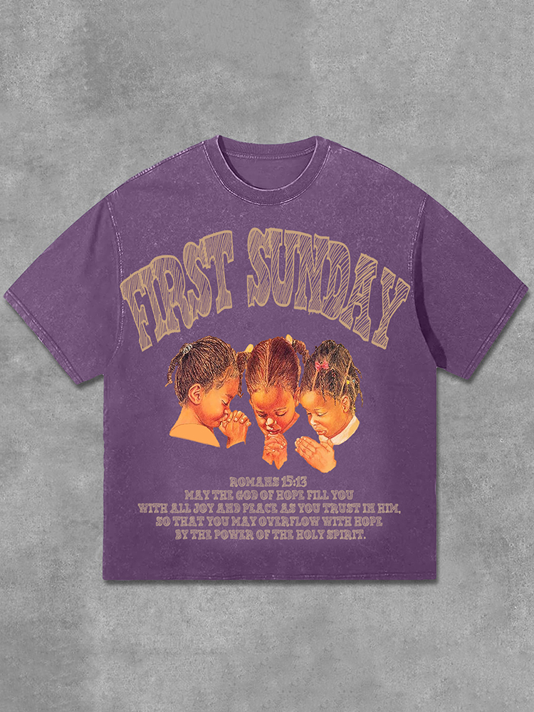 Hellxcity Retro First Sunday Faith Bible Graphic Print Washed T-Shirt | HellxCity 