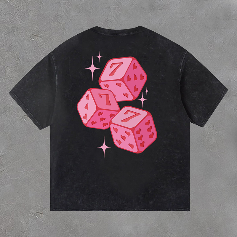 Hellxcity Street Pink 777 Fun Dice Print Washed T-Shirt | HellxCity 