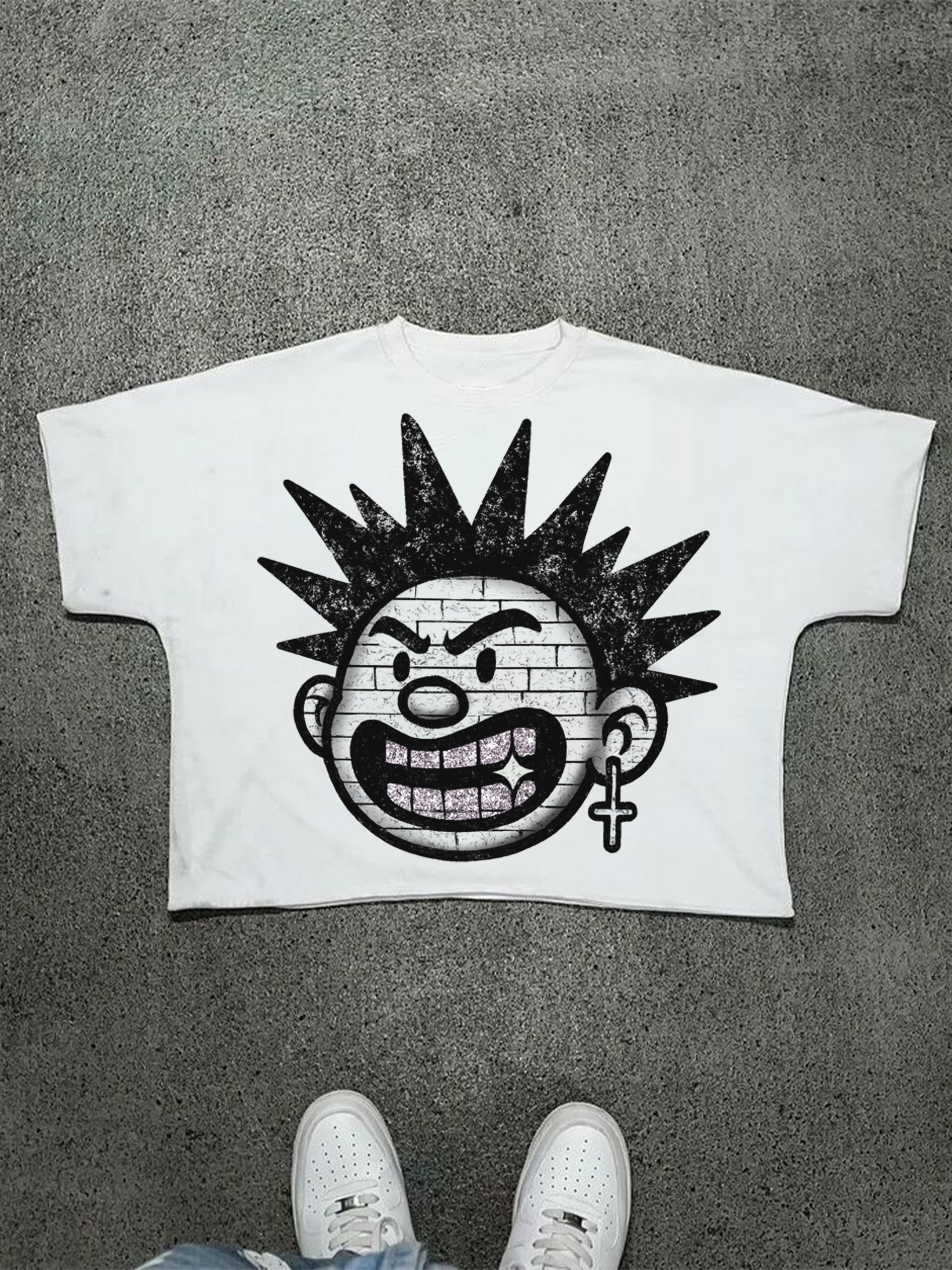 Explosive Hairstyles Vintage Cartoon Big Head Graphic Cropped T-shirt | HellxCity 