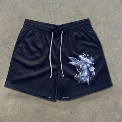 Men's Streetwear Style Angel And Cross Printed Casual Mesh Shorts | HellxCity 