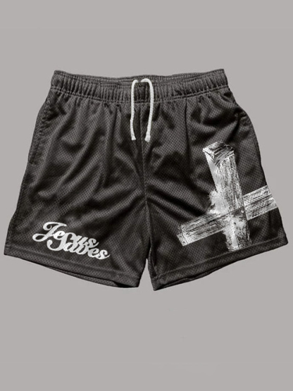 Men's Jesus Saves Print Mesh Shorts | HellxCity 