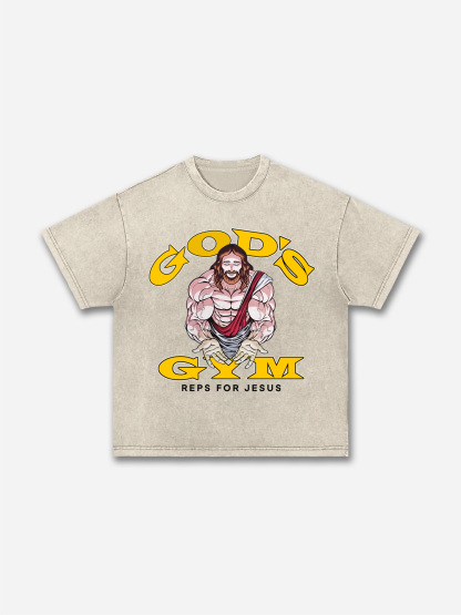 God's Gym Reps For Jesus Fitness Graphic Acid Wash T-shirt | HellxCity 