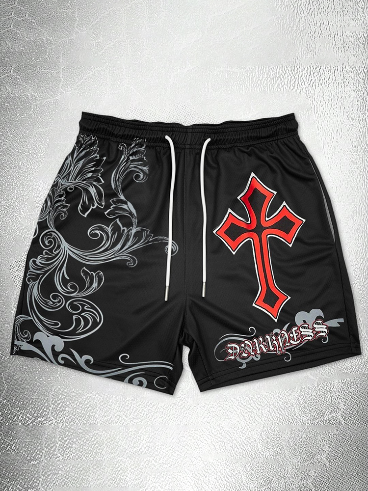 Men's Vintage Cross Graphic Casual Street Mesh Shorts | HellxCity 