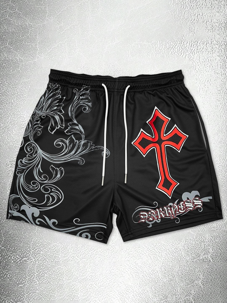 Men's Vintage Cross Graphic Casual Street Mesh Shorts | HellxCity 