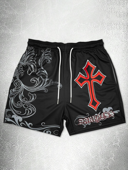 Men's Vintage Cross Graphic Casual Street Mesh Shorts | HellxCity 