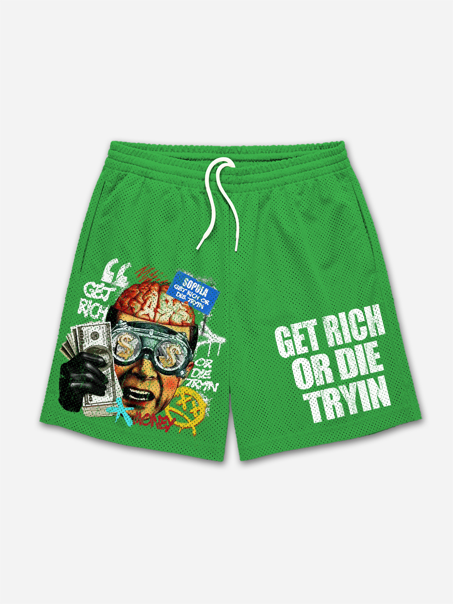 Vintage Get Rich Money Portrait Print Mesh Shorts | HellxCity 