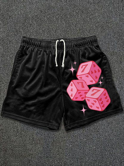 Hellxcity Pink 777 Fun Dice Graphic Print Basketball Mesh Shorts | HELLXCITY 