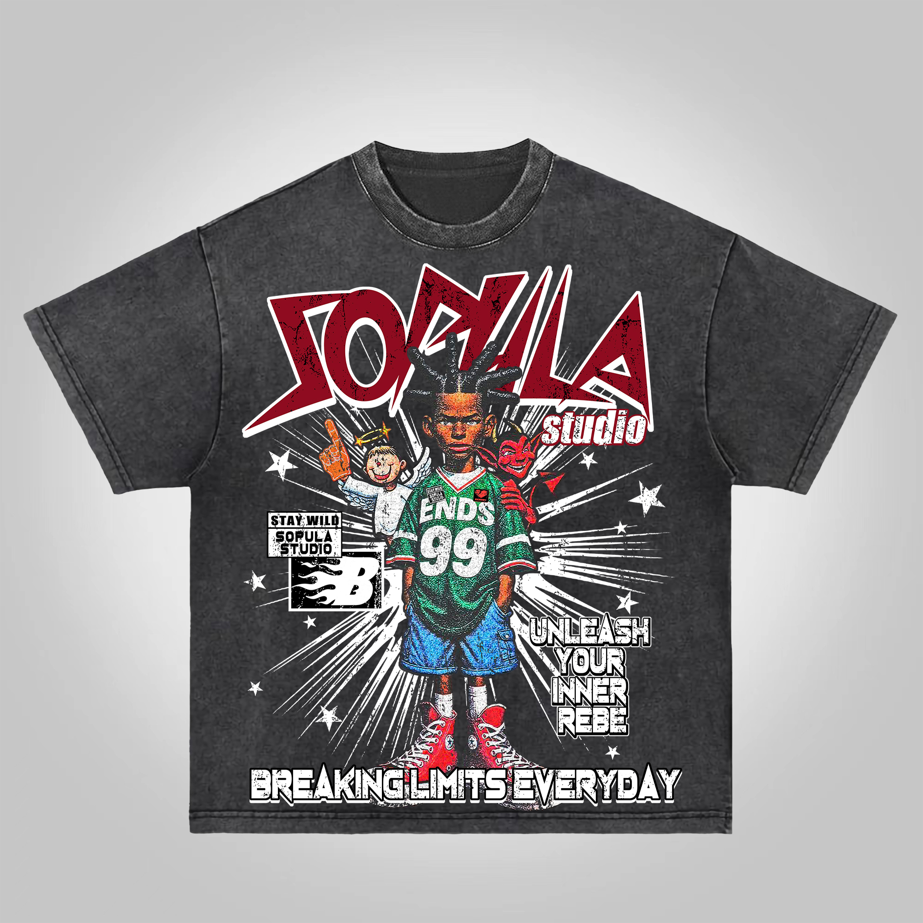 Hellxcity Boy Portrait Angel Demon Graphic Print Acid Washed T-Shirt | HellxCity 