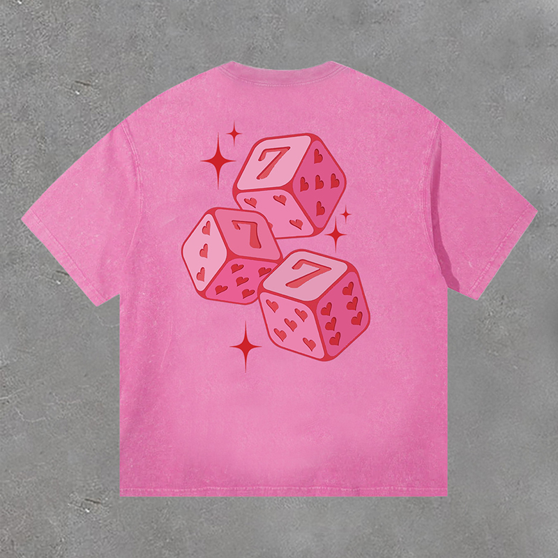 Hellxcity Street Pink 777 Fun Dice Print Washed T-Shirt | HellxCity 