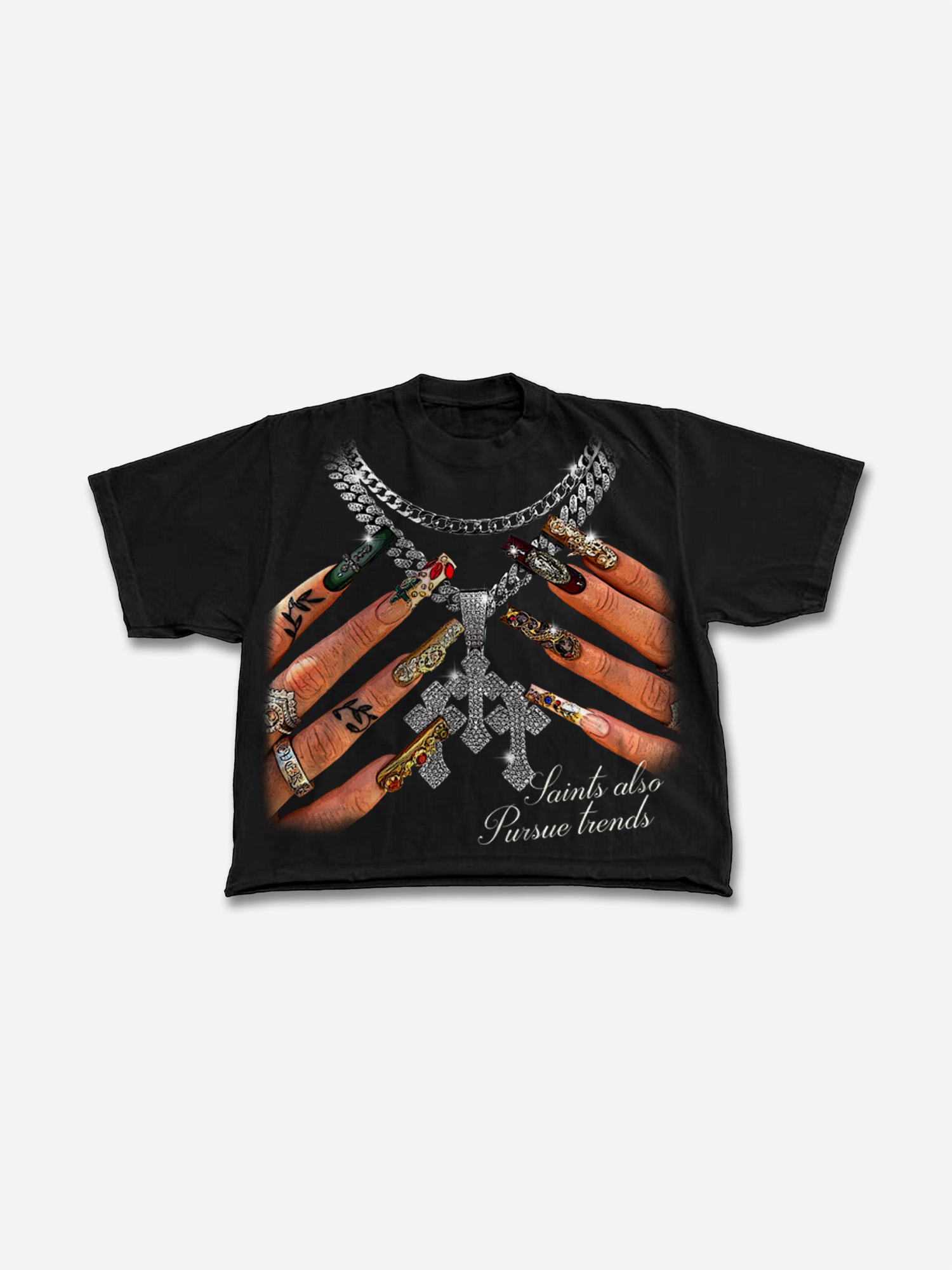 Vintage Cross Necklace, Nail Art Graphic Cropped T-shirt | HellxCity 