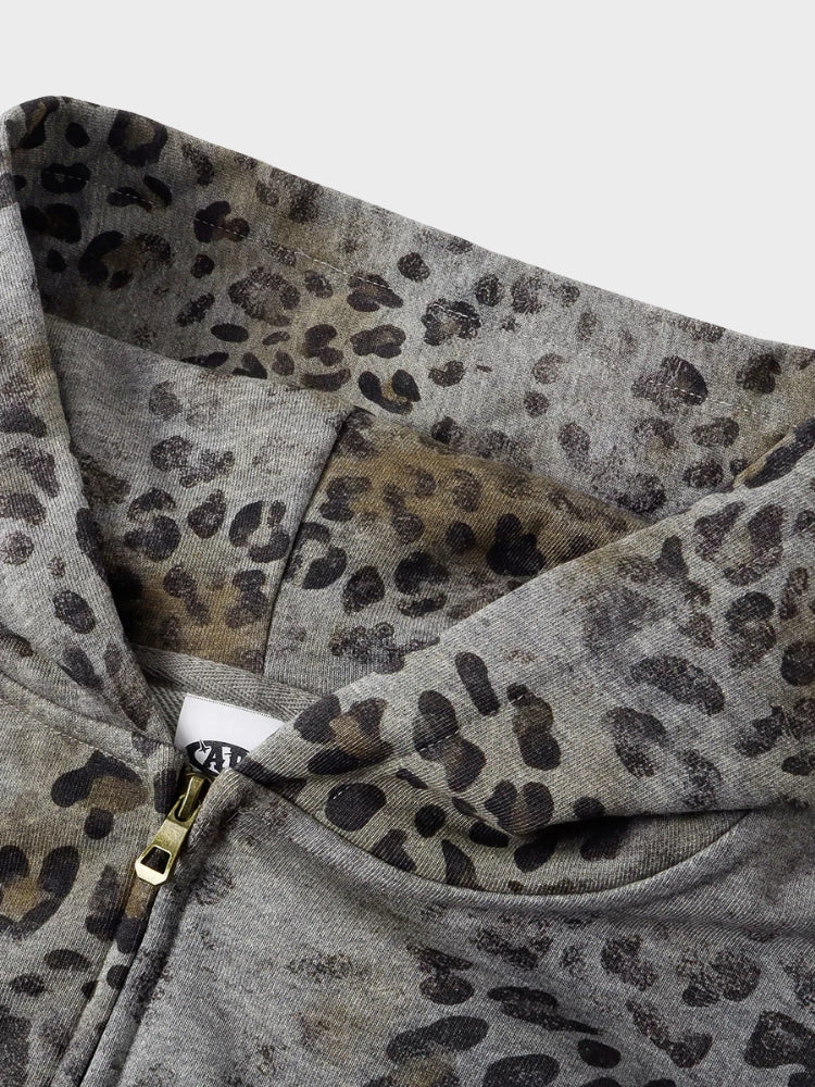 Retro Rhinestone Leopard Print Zip-up Hoodie