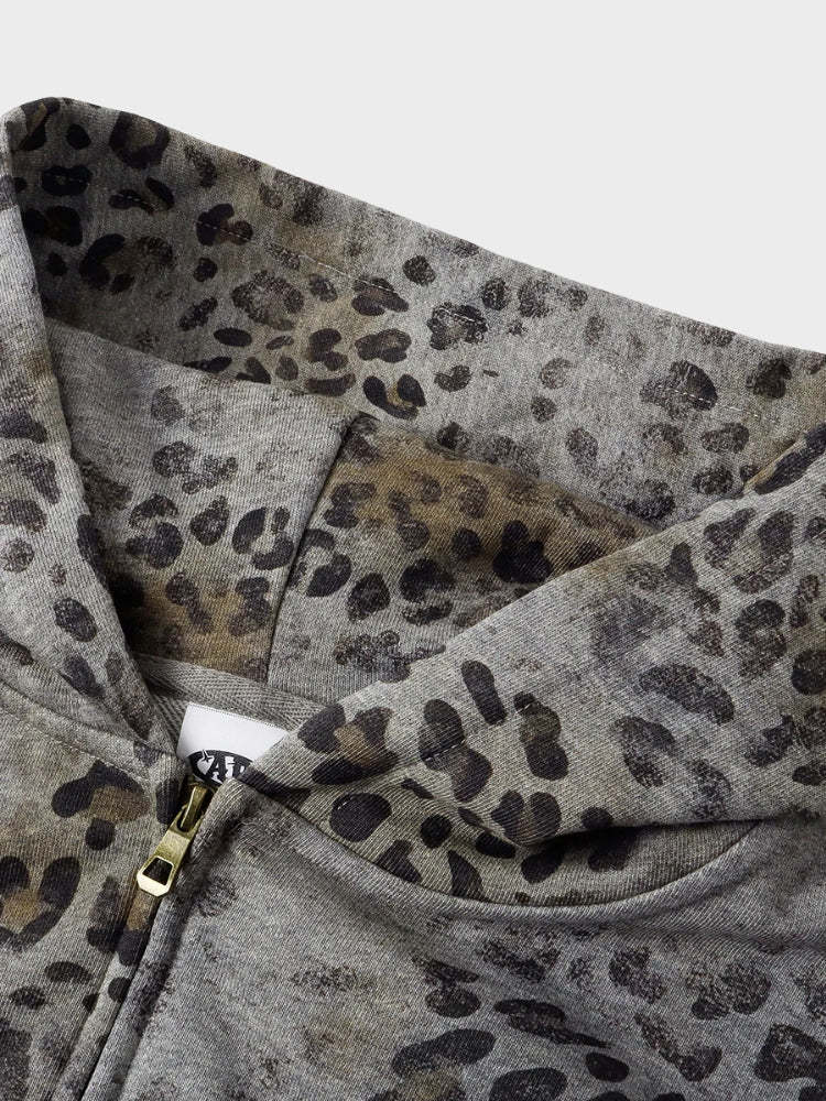 Retro Rhinestone Leopard Print Zip-up Hoodie