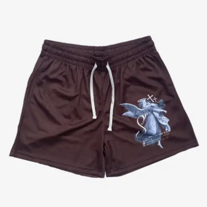 Men's Streetwear Style Angel And Cross Printed Casual Mesh Shorts | HellxCity 