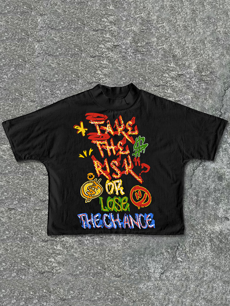 Hellxcity Vintage "Take The Risk" Or "Lose The Chance" Graphic Print Cropped T-Shirts | HellxCity 