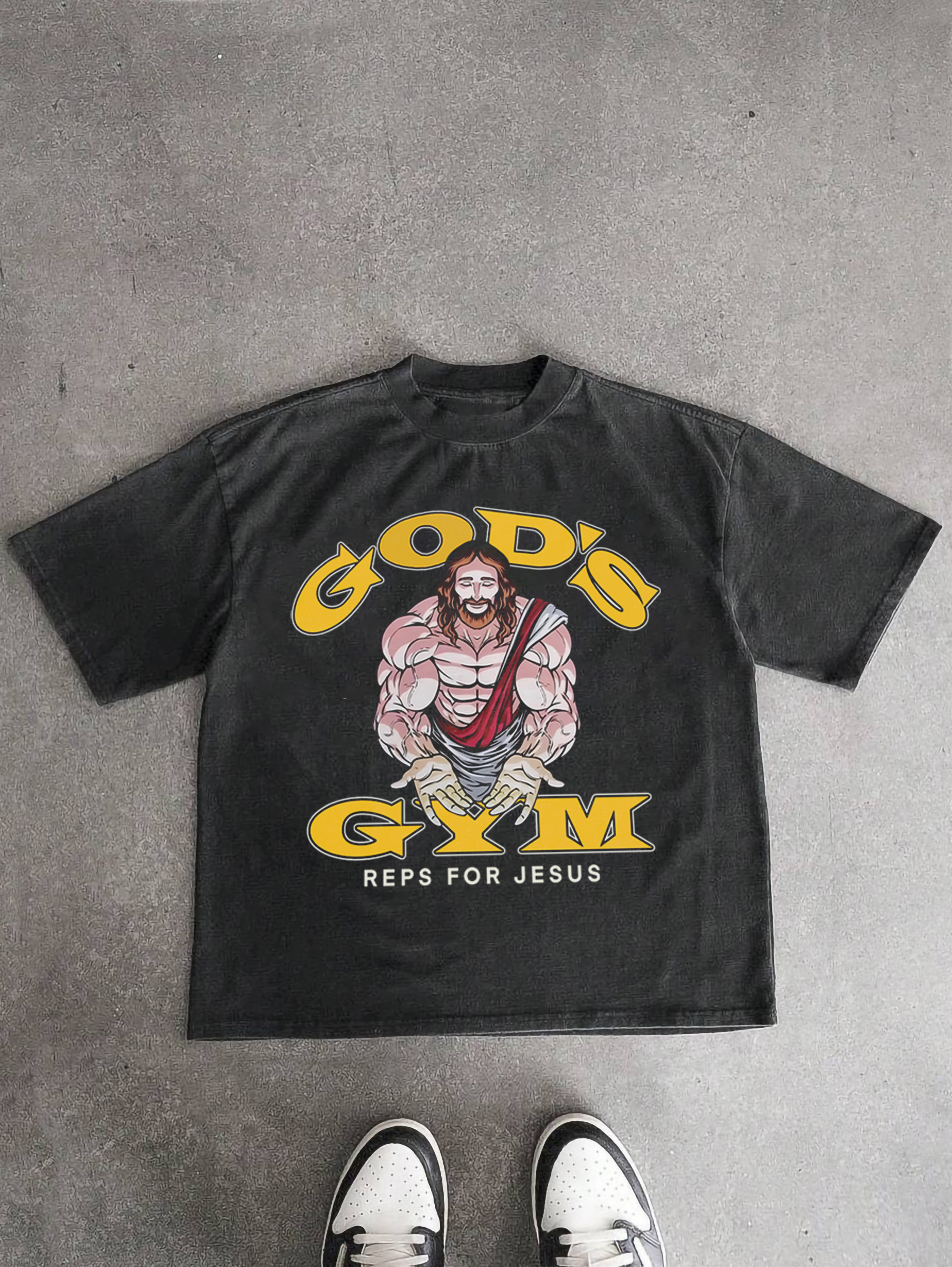 God's Gym Reps For Jesus Fitness Graphic Acid Wash T-shirt | HellxCity 