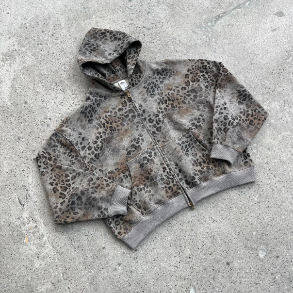 Retro Rhinestone Leopard Print Zip-up Hoodie