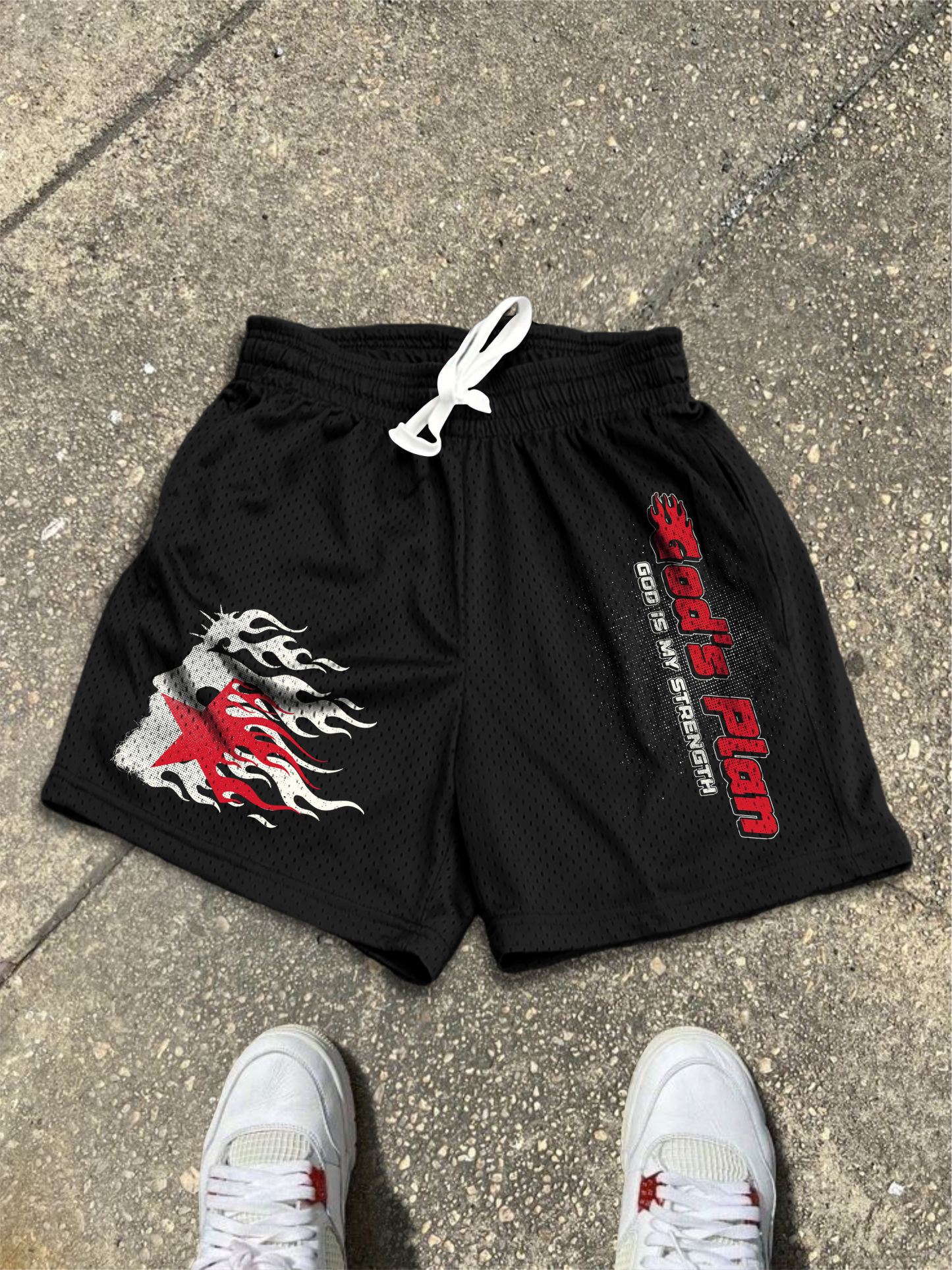 Hellxcity Trust God's Plan Flame Jesus Graphic Drawstring Shorts | HELLXCITY 