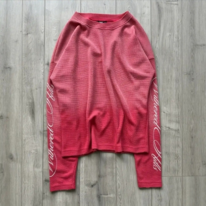 Retro Gradient Distressed Waffle Long-sleeved T-shirt