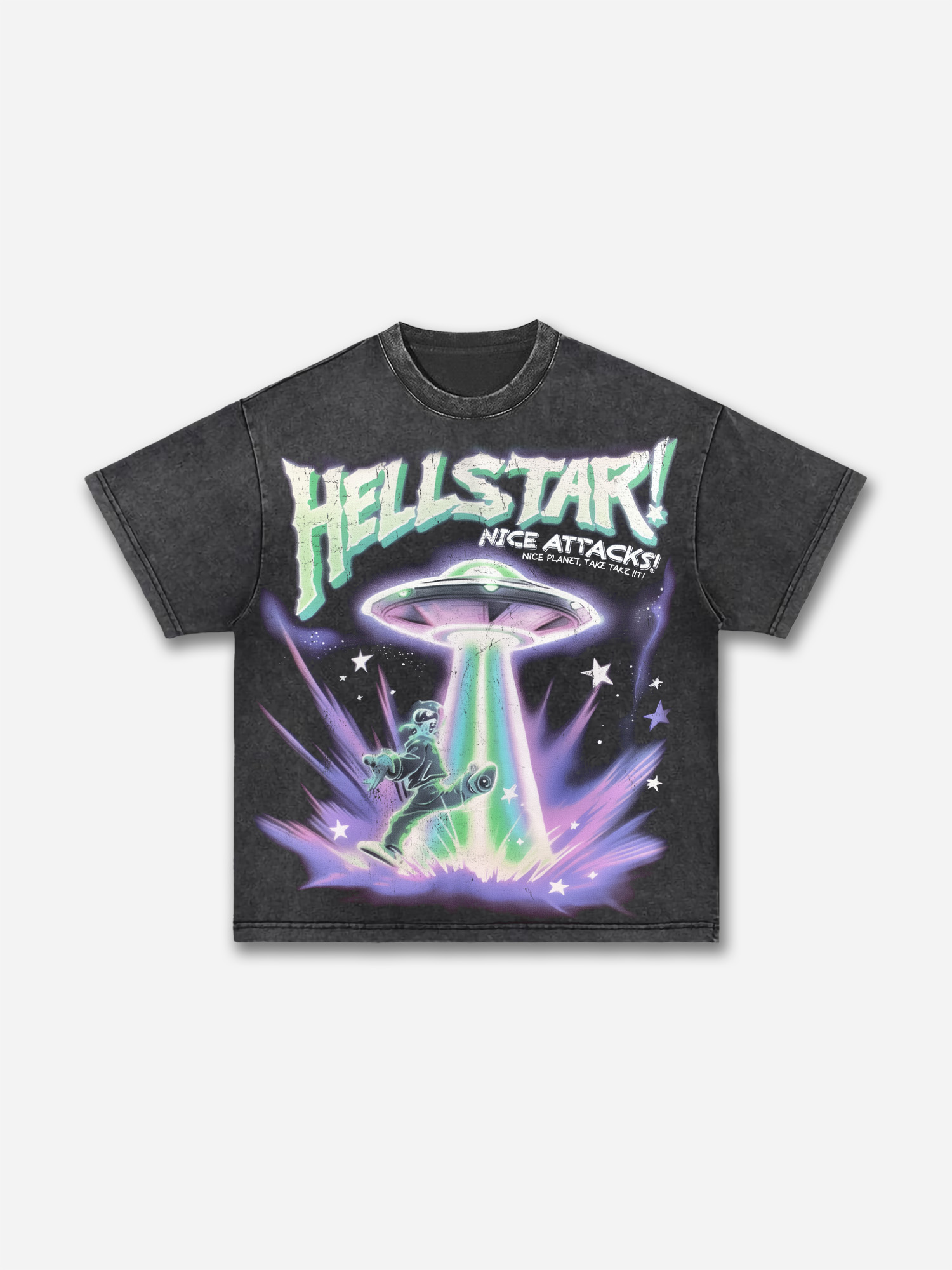 Hell Planet Attack Alien Abduction Graphic Acid Wash T-shirt | HellxCity 