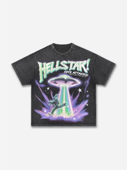 Hell Planet Attack Alien Abduction Graphic Acid Wash T-shirt | HellxCity 