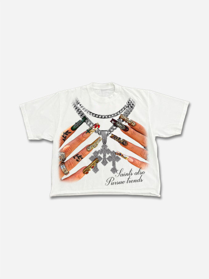 Vintage Cross Necklace, Nail Art Graphic Cropped T-shirt | HellxCity 