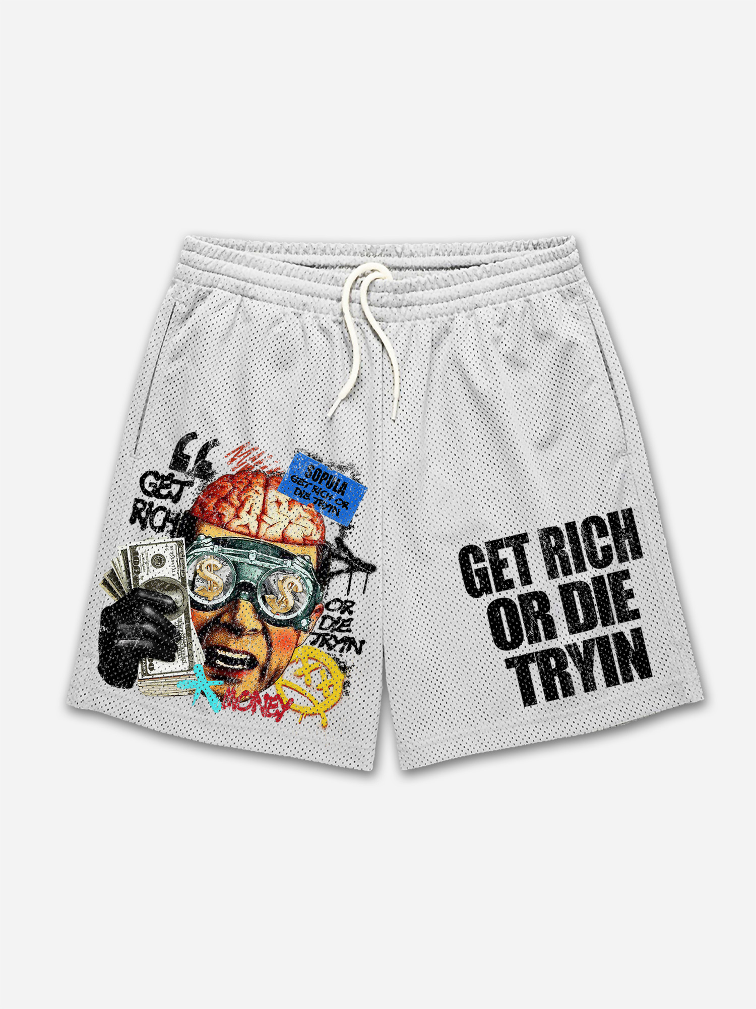 Vintage Get Rich Money Portrait Print Mesh Shorts | HellxCity 