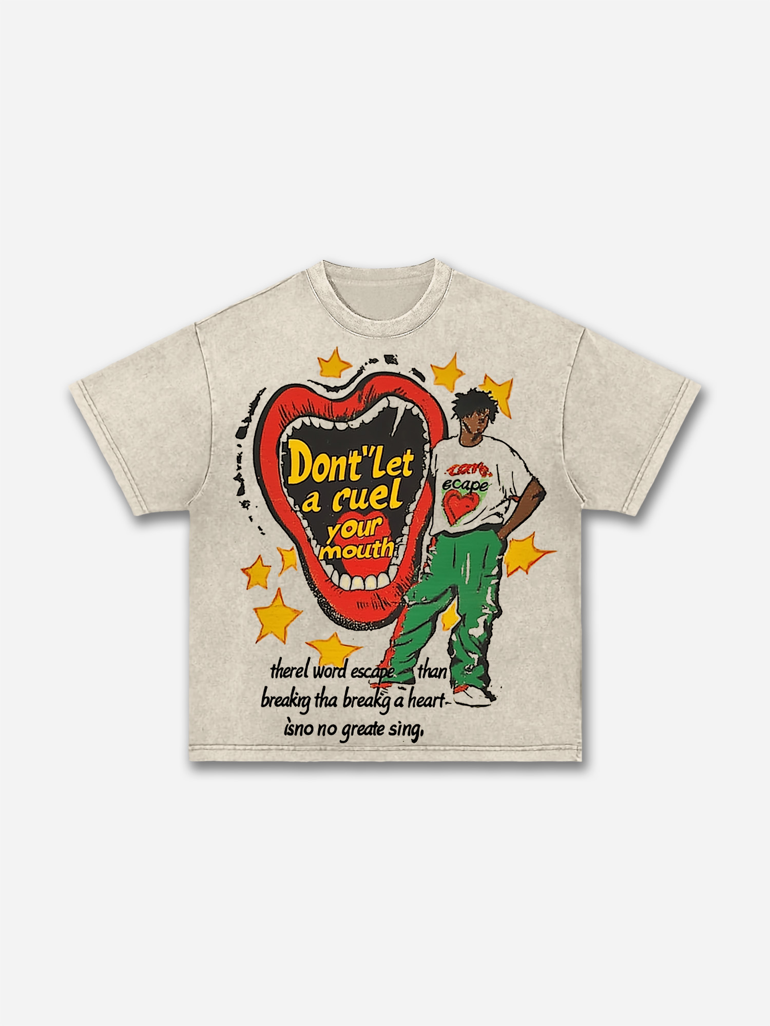 Y2k Lips Character Casual Street Pattern Acid Wash T-shirt | HellxCity 