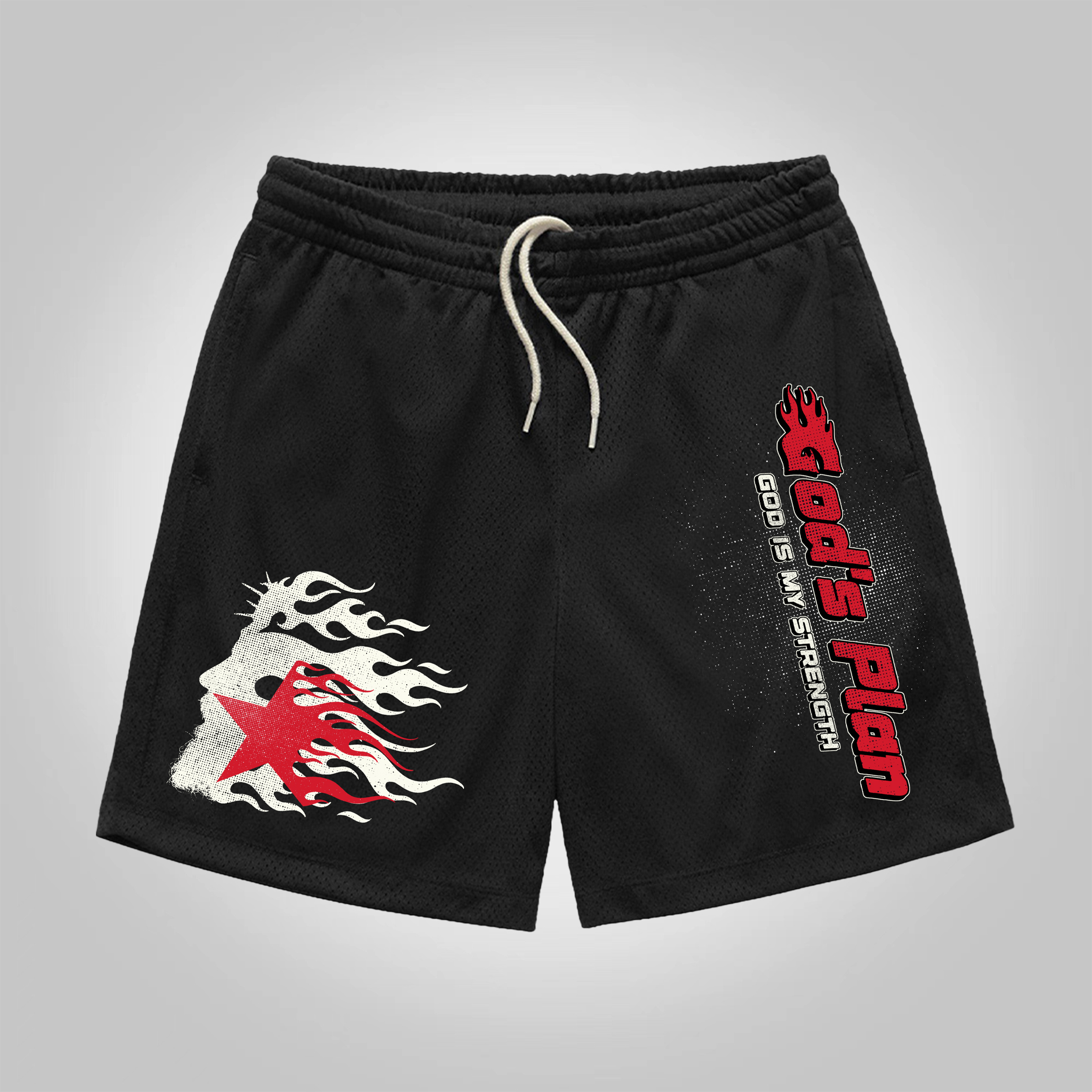 Hellxcity Trust God's Plan Flame Jesus Graphic Drawstring Shorts | HELLXCITY 