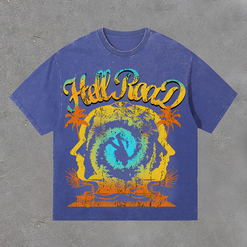 Hellxcity Retro Hell Road Summer Color Portrait Graphic Print Washed T-Shirt | HellxCity 
