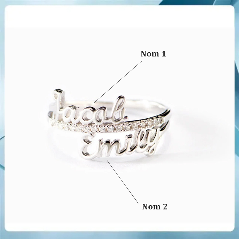 Bague double nom personnalisée avec pierres précieuses