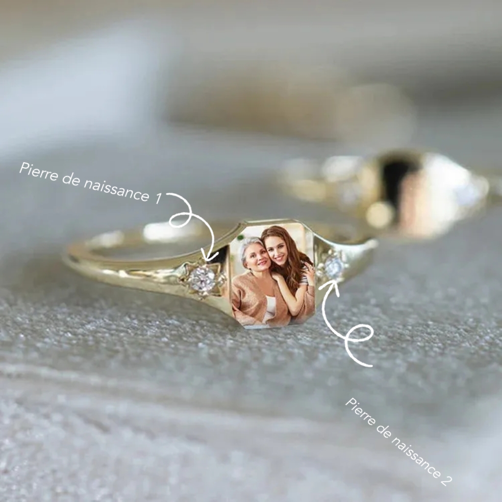 👩❤️👧Mère et fille liées à jamais - Bague photo avec pierre de naissance personnalisée