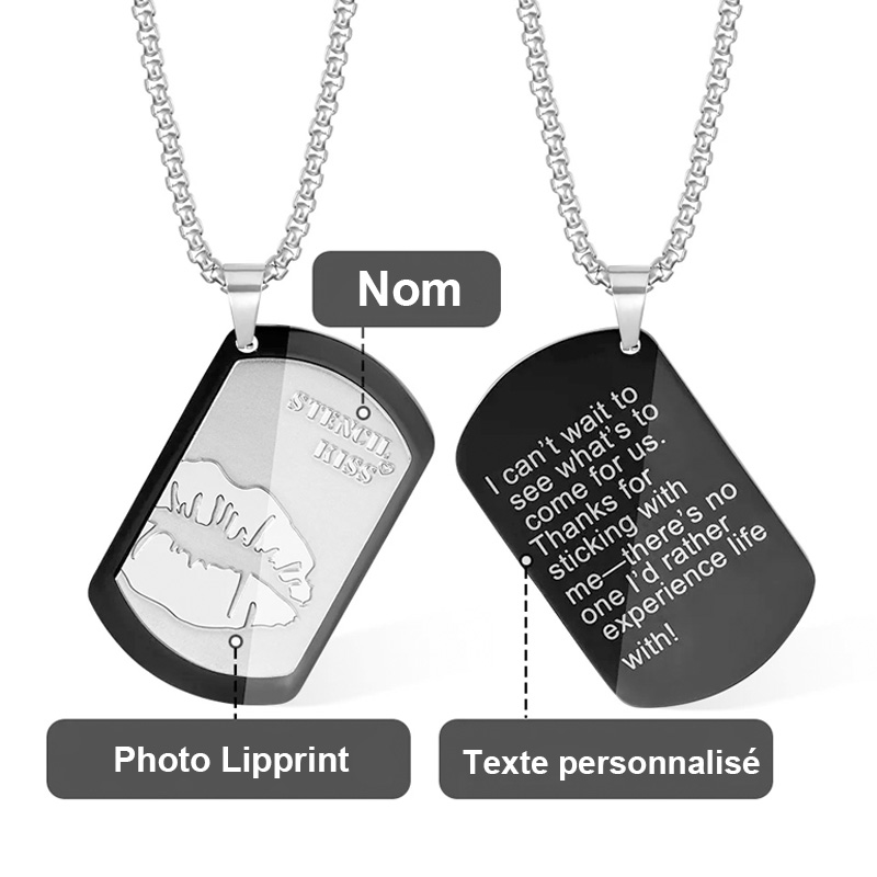 Collier pour homme avec empreinte de lèvres gravée personnalisée et texte de nom, cadeau d'anniversaire de Saint-Valentin pour lui