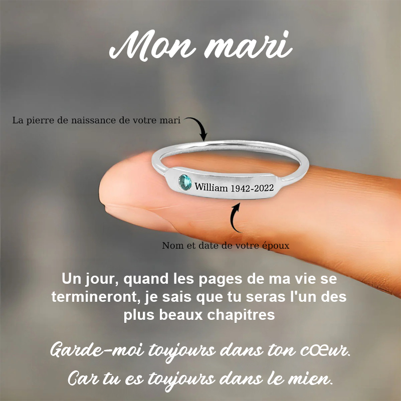 Bague commémorative avec nom et pierre de naissance personnalisée
