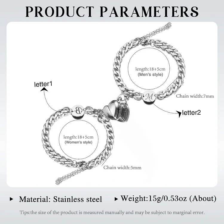 Ensemble de bracelets magnétiques personnalisés pour couple avec deux âmes et un cœur