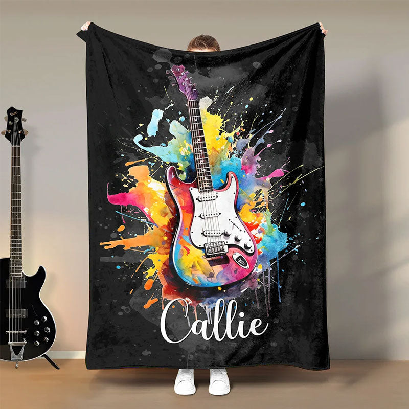 Personalized Multicolor Splash Ink Electric Guitar Soft Throw Blanket with Name Music Room Decor Gift for Guitar Player
