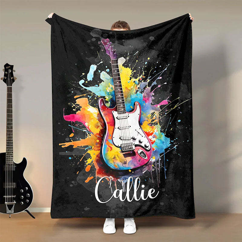 Personalized Multicolor Splash Ink Electric Guitar Soft Throw Blanket with Name Music Room Decor Gift for Guitar Player