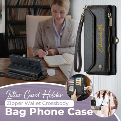 Étui portefeuille à fermeture éclair pour téléphone portable, porte-cartes, lettre personnalisée - Pour iPhone et Samsung
