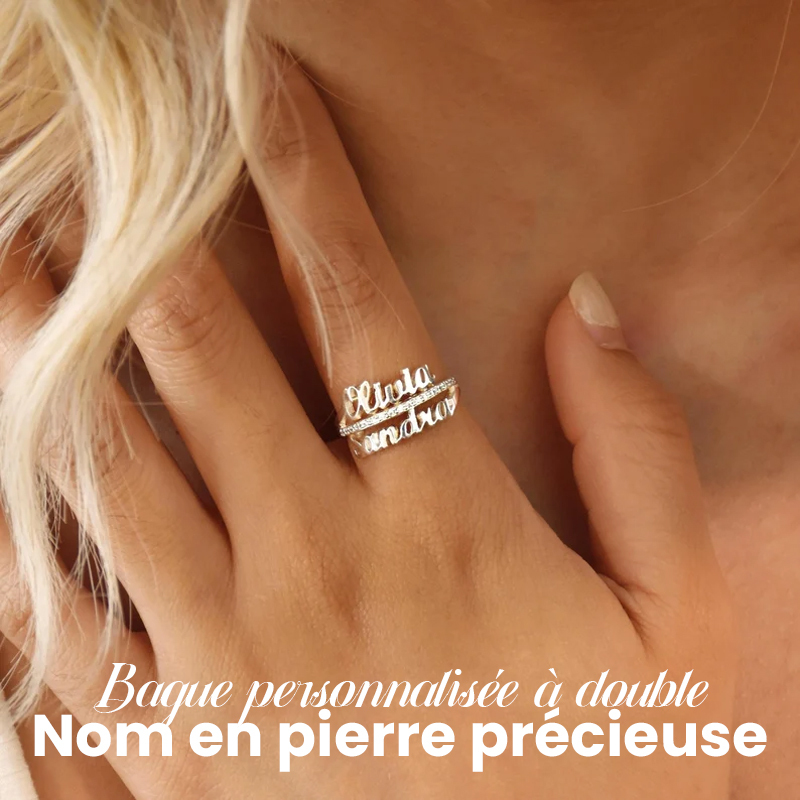 Bague double nom personnalisée avec pierres précieuses