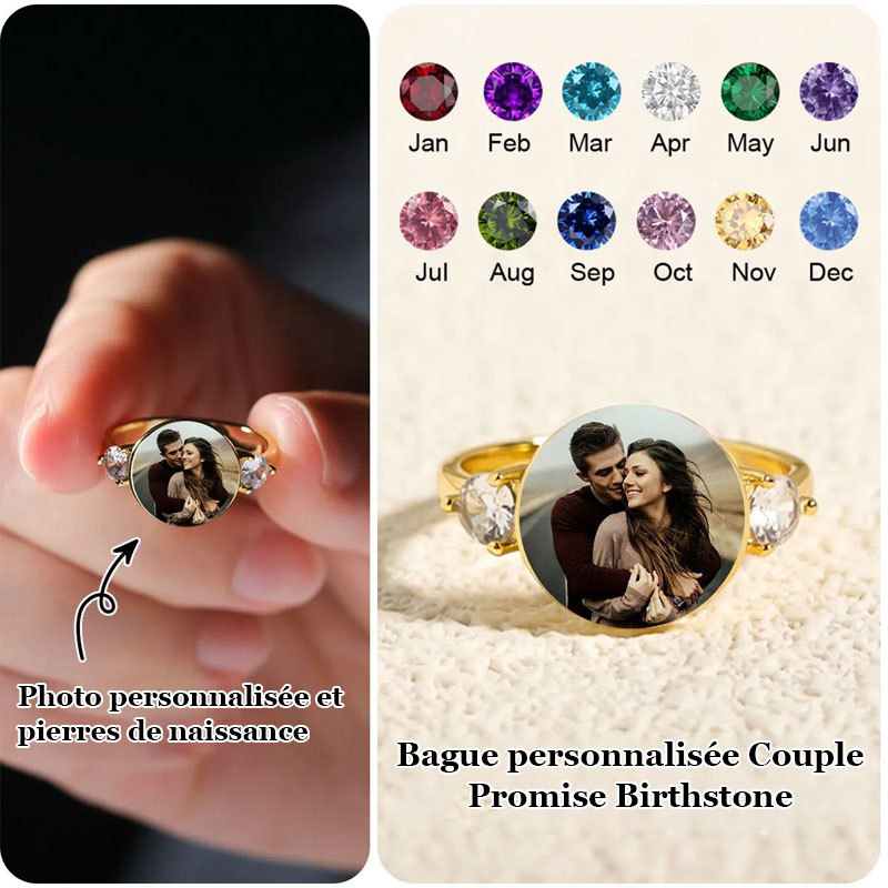 Bague de promesse de couple avec pierres de naissance et photo à télécharger personnalisée