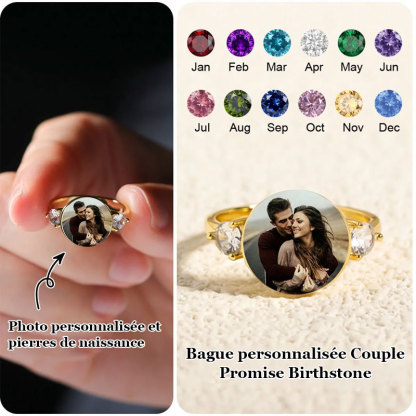 Bague de promesse de couple avec pierres de naissance et photo à télécharger personnalisée