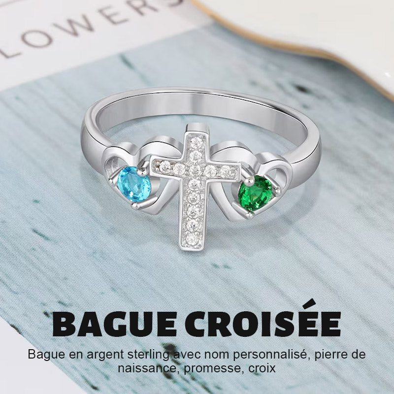Bague en argent sterling avec nom personnalisé, pierre de naissance, promesse, croix
