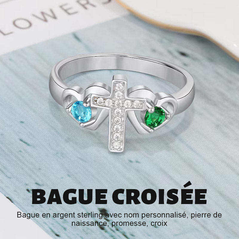 Bague en argent sterling avec nom personnalisé, pierre de naissance, promesse, croix