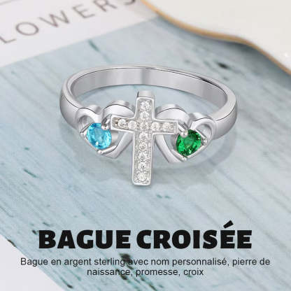 Bague en argent sterling avec nom personnalisé, pierre de naissance, promesse, croix